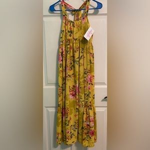 Girl’s Bonnie Jean maxi dress, mustard yellow, pink floral, ruffle bottom, sz 14